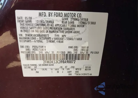 2009 Ford Flex Limited из США, поврежденный, VIN 2FMDK53C39BA90072